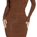 Naked Wardrobe  RUCHED LONG SLEEVE CUTOUT MINIDRESS IN CHOCOLATE Size Large Photo 0