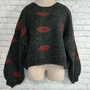 POL  Oversized Sweater Size Medium Boxy Pullover Knit Fuzzy Gray Red Lips Photo 0