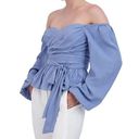 BCBGMAXAZRIA  Blouse Women's Small Light Blue Jacquard Ruched Balloon-Sleeve Top Photo 2