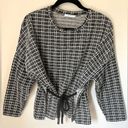 ZARA  Basic Plaid Tie Boxy Long Sleeve Black White Top Crew Neck sz M Photo 1