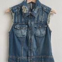 Free People Moody Blue Combo Distressed Denim Crochet Knit Macrame Cargo Vest Photo 4