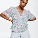 Mango  Purple & Green Botanical Floral Button Front V Neck Blouse XL Photo 0