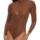 Iris NWT  Knit Sequin Long Sleeve Mock Neck Bodysuit Mocha Heat Womens Size Large Photo 0