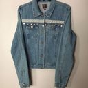 Boom Boom Jeans Embroiled denim jacket with pom poms button up fall winter size medium Photo 0