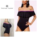 Trina Turk New.  black ruffle neck swimsuit. Size 10. Retails. $159 Photo 1