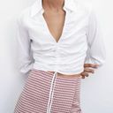 ZARA White Poplin Collared Cinched Tie String Gathered Long Sleeve Crop Top Photo 0