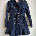 Juicy Couture  Navy Double Breasted Trench Coat Ruffle Hem Size XS Gold Buttons Photo 0