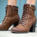 Call it spring  Lace Up Brown Chunky Heel Ankle Booties w Charcoal Trim - size 9 Photo 0