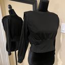 Crop Top Hoodie Sweatshirt Sweater Blouse Shoulder Pad Pullover Top Round Neck Shirt Black Photo 3