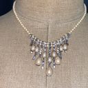 Monet Vintage  18” Silvertone Metal Chain Hanging Dangly Bib Style White Faux Pearl Rhinestone Photo 1