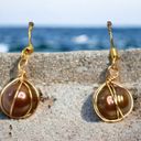 Hand Crafted Women’s Gold Wrapped Dangle Genuine Copper Pearl Pierced Earrings Photo 5