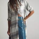 Pilcro Longline Plaid Long Sleeve Collared Button Down Tunic Shirt Gray White Photo 0