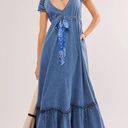 Free People Roucha Maxi Dress Blue Shadow Tie Waist V Neck Denim Size Medium NWT Photo 0