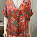 Umgee  Tangerine & Pink Floral Ruffle-Trim V-Neck Top Photo 1