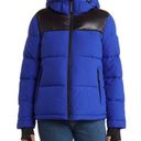 BCBGeneration  Womens L Colorblock Hooded Puffer Jacket in Cobalt with Black NEW Photo 0