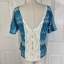 Lily White Blue chevron short sleeve top women's medium crochet round neck deep V lace back Photo 1