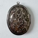 Antique locket silver pewter engraved embossed birds flowers resin mirror Victorian Photo 0