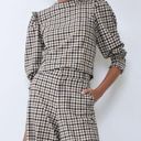 ZARA  Gingham Neutral Plaid Blouse Ruffled Puff Sleeve Preppy Top S Photo 2