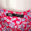 ZARA  Red Blue Floral Ruffle Shoulder Crepe Midi Tunic Prairie Dress Medium Photo 18