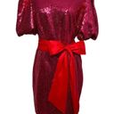 Krass&co NY &  Sequin puff sleeve mini dress magenta pink red sash bow size large L Photo 0