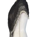 Sheer Black Scarf With Detailed Lattice Trim With Silver Hand Beaded Poms Photo 2