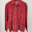 Chico's  Suede Leather Jacket Top Size 2 / Large 12 Red Asian Print Button Up LS Photo 0