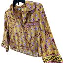 Free People  Pajama Party Top Womens XS Gold Purple Floral Satin Buttoned Cropped Photo 2