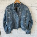 Free People  Distressed Denim Bomber Jean Jacket  Small Zip and Snap Up Front Photo 1