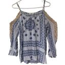 Umgee Womens Blue Floral Boho Crochet Off Shoulder Blouse Long Sleeve Top Photo 0