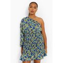 Boohoo  Plus‎ One Shoulder Mini Dress 18 Women's Smocked Floral Mod Retro 70's Photo 1