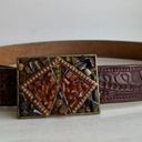 Vintage 90s Brown Tooled Genuine Leather USA Chunky Stone Buckle Belt Photo 6