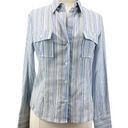 Arden B  Womens L Split Neck Blue Stripe Button Up Blouse Career Blue Tan White Photo 0