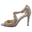 Jimmy Choo  Emily Coarse Glitter Champagne Cross Strappy Peep Toe Heels Sandals Photo 2