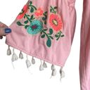 Umgee  WomenTop Crew Boat Neck 3/4 Tassel Embroiled Flower Bell Sleeve Boho Pink Photo 4