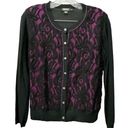 DKNY  Black Silk Cardigan Purple Lace Inlay Front Button Up Size Medium Photo 0