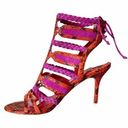 Brian Atwood  Felisa Sandals Mixed Media Strappy Braided Leather Orange Pink 7 Photo 0