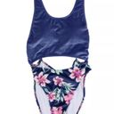 PINK - Victoria's Secret  BLUE FLORAL VELVET CUTOUT CHEEKY SWIMSUIT M Photo 3