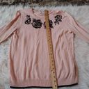 Elle  Size XL Extra Large Light Pink Sweater Beaded Preppy Chic Floral Rose Paste Photo 3