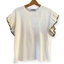 ZARA  Trimmed T-Shirt White Top Gold Black Knit Cap Sleeve Ruffle Crew Neck Small Photo 7