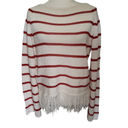 W By Worth  Womens Sweater Size S Stripe Fringe Open Knit White Red Long Sleeve Photo 12