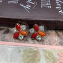 Vintage Red Orange Coral Floral Gold Tone Crystal Rhinestone Stud Earrings Photo 2