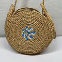 Vintage Blue  White Swirl Boho Round Straw Raffia Bag Hand Woven Shoulder Purse Photo 1