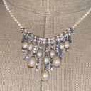 Monet Vintage  18” Silvertone Metal Chain Hanging Dangly Bib Style White Faux Pearl Rhinestone Photo 2