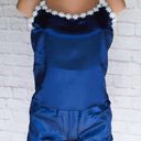 Boutique Navy Blue, Flowered, Satin, Pajama Set Photo 0