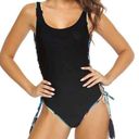 PilyQ  BLACK FLORAL Aralia Lace Up Reversible Lola One Pice Swimsuit Photo 5