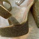 Bamboo Gold metallic glittery felt platform pump high heels with clear buckle straps Photo 3