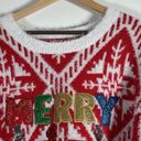 Holiday Time  Merry Christmas Sequin Logo Ugly Christmas Sweater XL Fuzzy Glitter Photo 3