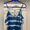 Caution to the Wind  Blue & White Tie Dye Off-the-Shoulder Fitted Maxi Dress - M Photo 6