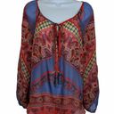 Hale Bob  100% Silk Sheer Tunic Top Colorful Tassels V Neck Buttons Tab Sleeves S Photo 0