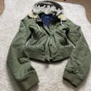 American Eagle Baby Doll Bomber Jacket sz Large  Olive colored with removable grey hoodie Photo 0